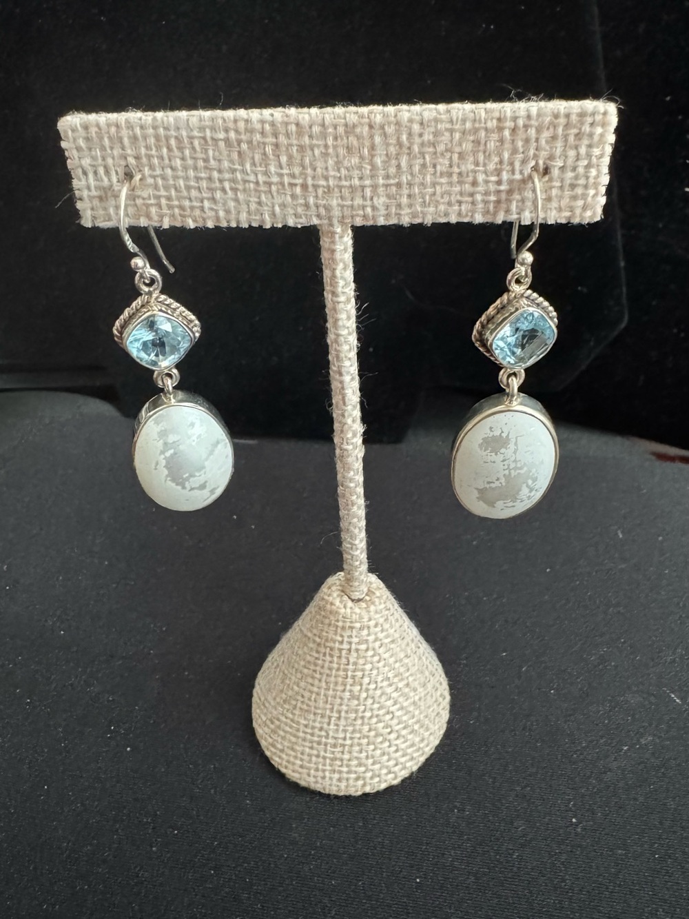 Silver 925 Drop Earrings w/Moonstone & Faceted Blue Topaz Accents  Pierced